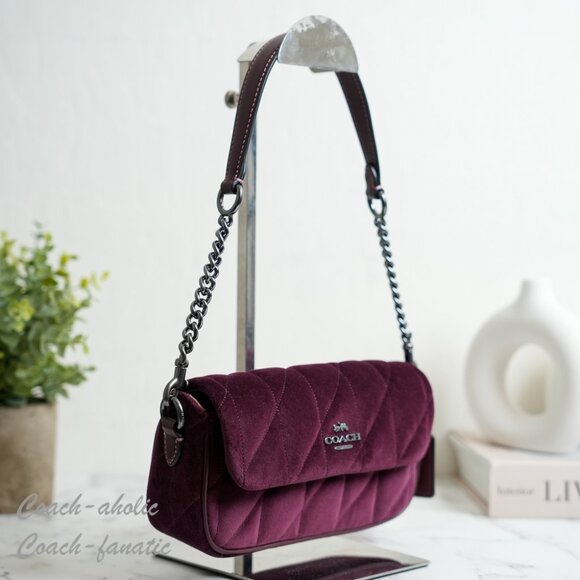 NWT COACH Hailey Flap Bag Velvet Organic Cotton With Quilting Burgundy CCE13 - Picture 2 of 13